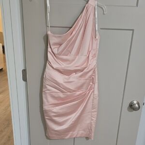 David's Bridal Pink Asymmetrical Ruched Cocktail Dress